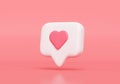 Like notification icon, Social media notification icon with heart symbol on pink background. 3d illustration