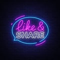 Like Share neon sign vector design template. Social networks neon text, light banner design element colorful modern Royalty Free Stock Photo