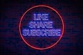 a like share and subscribe neon sign on the wall, concept of online media trends