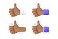 Like Sign. Like - Hand Gesture Thumb Up. African American hand. Set of 3d Cartoon Character Hand with different sleeves