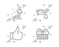 Like, Stats and Wash hands icons set. Gift sign. Thumbs up, Business analysis, Skin care. Present. Vector