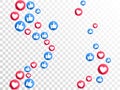 Like thumbs up and love heart icons falling on transparent background. Abstract social media symbols