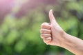 Like it. thumbs up over Natural green leaf blur background Royalty Free Stock Photo