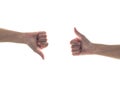 Like - unlike hand with thumb up - down symbolic people gesture isolated on white background with clipping path