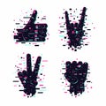 Like vector icons set with human hands. Social media icons collection. Glitch style vector signs.