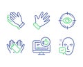 Like video, Smartphone holding and Hand icons set. Eye target, Clapping hands and Face accepted signs. Vector