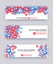 Likes emoji banner set, blue and red thumb up and heart icon for live stream social network. Vector illustration in 3d