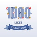 1000 Likes Thank you number with emoji and heart- social media gratitude ecard Royalty Free Stock Photo