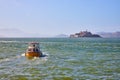 Lil Taxi II on choppy San Francisco Bay waters with Alcatraz Island in distance