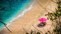 Lila Sunbed on Beautiful White Sand. Clear Blue Ocean, Atuh Beach, Nusa Penida, Bali, Indonesia