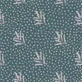 Lilac abstract minimalistic leaf branches silhouettes ornament. Green dotted background