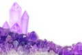 Lilac amethyst small and large crystals on white