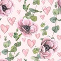 Lilac anemones with eucalyptus twigs and pink hearts. Watercolor illustration in sketch style. Seamless pattern from a