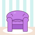 Lilac armchair with mint white striped wallpapers behind and beige floor