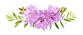 Lilac aster flowers, berries and green leaves in a floral arrangement