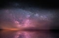 lilac blue dark starry sky at night at sea water wave reflection nebula milky way cosmic background
