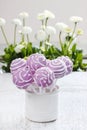 Lilac cake pops lavishly decorated with icing. Royalty Free Stock Photo