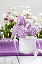 Lilac cake pops in white ceramic jar Royalty Free Stock Photo