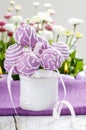 Lilac cake pops in white ceramic jar Royalty Free Stock Photo