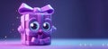 Lilac cartoon box with cheerful eyes and smile, purple pink gradient color, fairy box holographic. AI generated