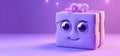 Lilac cartoon box with cheerful eyes and smile, purple pink gradient color, fairy box holographic. AI generated