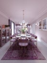Lilac color dining room in trendy art deco style with modern furniture, served table and chairs