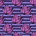 Lilac contoured foliage shrub leaves seamless pattern. Navy blue stripped background