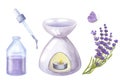 Lilac cosmetic lavender essential oil burner, bottle, butterfly. Hand draw watercolor illustration isolated on white