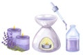 Lilac cosmetic lavender essential oil burner candles, bottle, butterfly. Hand draw watercolor illustration isolated on