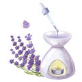 Lilac cosmetic lavender essential oil burner. Hand draw watercolor illustration isolated on white background