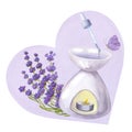 Lilac cosmetic lavender essential oil burner in heart. Hand draw watercolor illustration isolated on white background