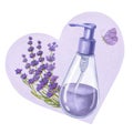 Lilac cosmetic lavender essential oil, dispenser bottle in heart. Hand draw watercolor illustration isolated on white