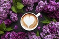 Lilac and cup of coffee in flat style on black concrete background