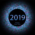 Lilac discoball New Year 2019 greeting poster. Happy New Year circle disc with particle. Glitter gray dot pattern