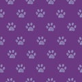 Lilac doodle paw print with purple background seamless pattern