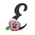 Lilac floral pansy letter E. Font decorated of a garden violet.