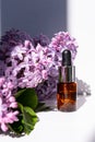 Lilac flowers aroma oil, flowers essential oil, pure essence. Essential Oils lilac. Spa oil with lilac flowers. Royalty Free Stock Photo