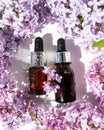 Lilac flowers aroma oil, flowers essential oil, pure essence. Essential Oils lilac. Spa oil with lilac flowers. Royalty Free Stock Photo