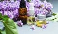 Lilac flowers aroma oil, flowers essential oil, pure essence Royalty Free Stock Photo