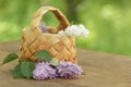 Lilac flowers in birchbark basket on table