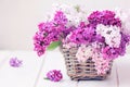 Lilac Flowers Bouquet In Wisker Basket