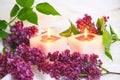 Lilac flowers and candle Royalty Free Stock Photo