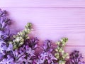 Lilac flowers composition springtime table border vintage pink wooden spring beautiful