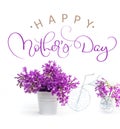 Lilac flowers on a white background decorated with small bike and text Happy mothers day. Calligraphy lettering hand Royalty Free Stock Photo