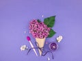 Lilac flowers in a cone with cosmetic cream. Royalty Free Stock Photo