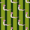 Lilac funny snakes silgouettes seamless doodle pattern in hand drawn style. Green striped background