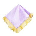 Lilac handkerchief with lace frill close-up. Hand watercolor illustration isolated on white background