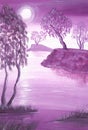 Lilac landscape with a lake, trees, mountains. The sun is on the horizon in a light haze. Hand drawn watercolor Royalty Free Stock Photo