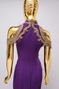 Long, lilac designer, evening, women`s dress handmade on gold, glossy mannequin. With white and gold bead ornament. Isolated on gr