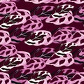 Lilac monstera ornament seamless doodle pattern. Hand drawn foliage elements on dark maroon background